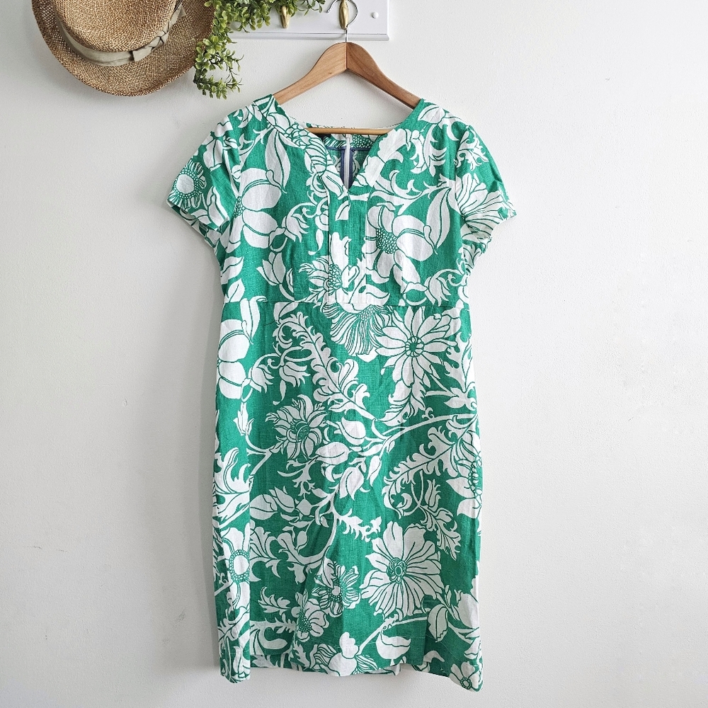 Talbots Green White Floral Linen Blend Shift Dress Size 10 Preppy Summer